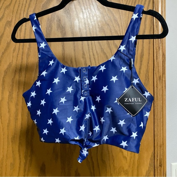 Zaful NAVY/WHITE Crop Tank Swim TOP ONLY Knotted Tie Front-SZ 8 - NWT - Picture 1 of 6